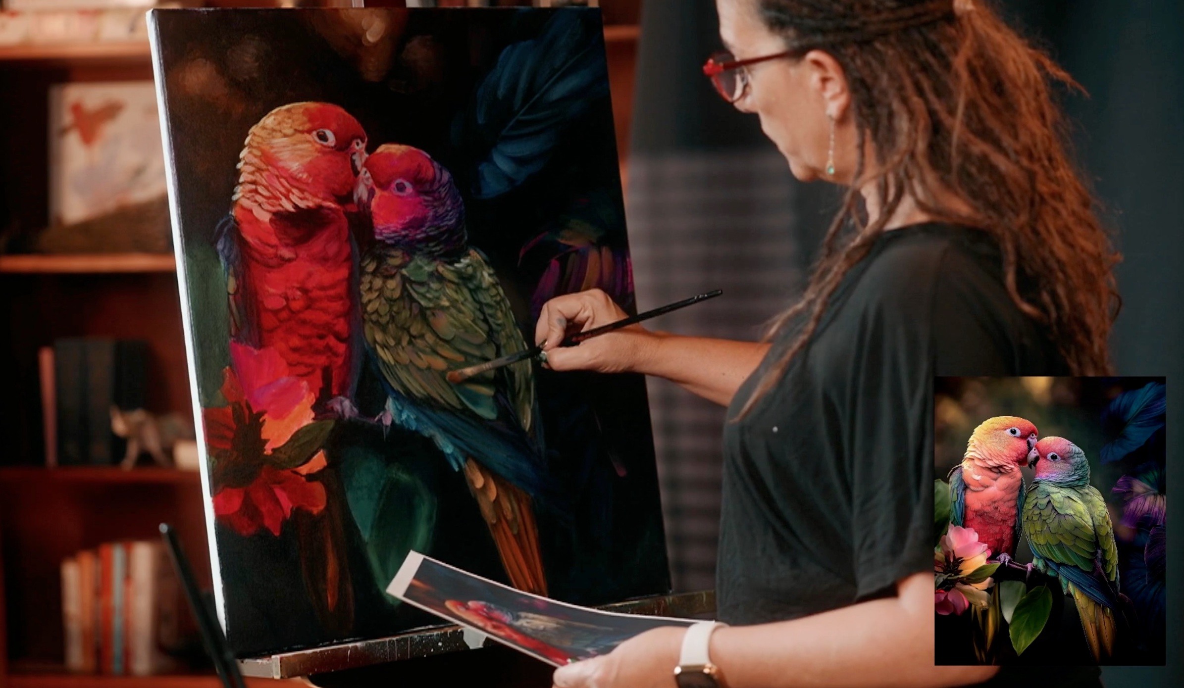 woman painting red and green birds on a canvas 
